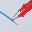 Preview: In the picture, there are red pliers holding a blue insulation wire. The insulation is partially removed, exposing a copper wire.