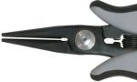 Preview: The image shows the tip of a pair of pliers with narrow, pointed jaws. It has a gray plastic handle and a black body. In the center, there is a screw for adjustment.