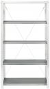 Preview: The image displays a sturdy, metallic shelving system with five gray, flat shelves. The structure is vertical and features lateral supports as well as diagonally mounted braces.