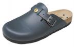 Preview: Der Schuh ist ein grauer Clog mit einem geschlossenen Vorderteil und offenem Fersenbereich. Er hat eine kleine Schnalle und eine gepolsterte Innensohle aus Leder. Die Sohle ist schwarz und rutschfest.