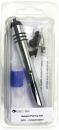 Preview: The image shows a transparent packaging material with a silver tool that looks like a pen. It includes accessories in black and blue, including inserts and a protective cap.