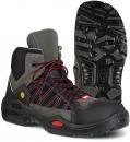 Preview: Das Bild zeigt einen grauen Halbstiefel mit schwarzem und rotem Design. Die Sohle hat ein grobes Profil für besseren Halt. Er wirkt robust und eignet sich gut für Outdoor-Aktivitäten.