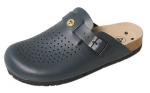 Preview: Der Schuh ist ein grauer Clog aus Kunststoff mit einer breiten, perforierten Oberfläche. Er hat einen stabilen Absatz, eine schwarze Gummisohle und einen verstellbaren Riemen.