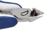 Preview: The image shows a metal nail scissors with a sharp blade. The handle has a blue rubber coating for better grip. The scissors are open and ready for cutting.
