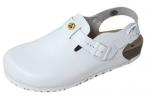 Preview: The shoe is a white clog with a closed front and an adjustable strap at the heel. The sole is slightly elevated and has a non-slip texture.