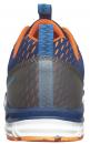 Preview: Der Schuh ist sportlich und hat eine blaue, atmungsaktive Oberseite mit orangen Akzenten. Die Sohle ist weiß mit orangen Unterteilen, und der Fersenbereich hat eine durchsichtige Verstärkung.