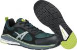 Preview: Das Bild zeigt einen sportlichen Schuh in dunklem Grün und Schwarz. Der Schuh hat eine atmungsaktive Oberfläche und eine rutschfeste Sohle mit grünem Element. Die Details sind funktionell und modern.