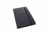 Preview: A black notebook with an elastic closure. It appears simple and elegant, has a rectangular shape and is flat, ideal for writing and taking notes.