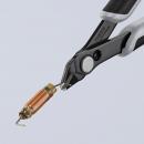 Preview: The image shows a pair of pliers with black and gray handles. It is holding a cylindrical, copper spring that has a loop at one end. The pliers have a sharp, precise shape.