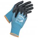 Preview: The image shows a pair of work gloves. They have a black palm and fingers, while the back of the hand is in a light blue. There is an orange edge at the wrist.