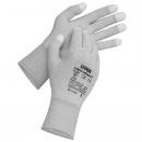 Preview: The image shows a pair of gray work gloves made from light, structured material. The palms are grippy, and the fingers are partially coated.