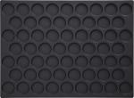 Preview: The image displays a flexible baking sheet with 48 circular indentations in a regular pattern. The surface is dark and smooth. Each indentation appears to be of equal size.