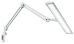 Preview: The image shows a white desk lamp with a flexible arm. The lampshade is rectangular and flat. The lamp is attached to the table with a clamp.