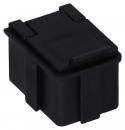Preview: The image shows a small, square, black plastic container with a hinged lid and two side latches. It appears compact and sturdy.