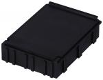 Preview: The image shows a rectangular, black plastic box with a flat lid. The surface is smooth, and the sides have vertical notches.