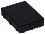 Preview: The image shows a black, rectangular box with a flat lid. The box has vertical grooves on the sides and appears stable and sturdy. It is larger than a deck of cards.