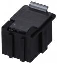 Preview: The image displays a black electronic plug with a flat surface and a metallic bracket on top. It features a rectangular shape and a recessed side.