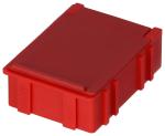 Preview: The image shows a red, rectangular plastic box. It has a smooth lid and is slightly ribbed on the sides. The box is sturdy and has no openings.