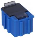 Preview: The image shows a small, square object in bright blue, with a smooth, dark top and recessed grooves on the sides. It has a flap on the top.
