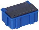 Preview: The image shows a small, rectangular box. It has a blue body and a black lid. The box has rounded edges on the sides and is equipped with a ribbed texture.