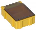 Preview: The image shows a small, square box in bright yellow. It has a transparent lid that is slightly rounded. The sides are smooth with some vertical grooves.
