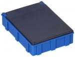 Preview: The image shows a rectangular box made of blue plastic. The top is black and smooth, while the sides have a textured, rounded shape.