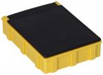 Preview: The image displays a rectangular box made of yellow plastic with a flat, black lid. The box features vertical grooves on the sides and appears sturdy and robust.