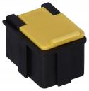 Preview: The image shows a small, rectangular black plastic container with a yellow lid. The lid has a slight elevation and a slot to facilitate opening.
