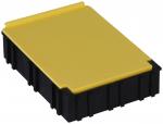 Preview: The image shows a rectangular box with a black base and a yellow lid. The lid has a slight elevation on one side and is flat on the other. The box appears sturdy.