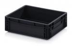 Preview: The image shows a rectangular, black plastic box without a lid. It has two side handles and appears sturdy. The walls are smooth and the corners are slightly rounded.
