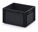 Preview: The image displays a square, black plastic box without a lid. It features handles on the shorter sides and is sturdy, with a smooth surface and rectangular shape.