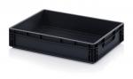 Preview: The image shows a rectangular, flat black plastic tray with open sides and slightly raised edges. It has two side handles for easy handling.