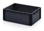Preview: The image shows a rectangular, black plastic box. It has an open top and two integrated handles on the longer sides. The walls are smooth and sturdy.