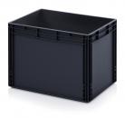 Preview: The image shows a rectangular, black plastic box. It has smooth walls, an open top, and is sturdy. The corners are slightly rounded, and the bottom is flat.