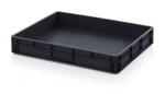 Preview: The image shows a flat, rectangular transport box made of black plastic. It has side handles, is sturdy, and features a smooth interior surface, ideal for stacking or transporting items.