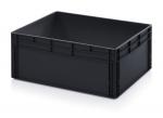 Preview: The image shows a black, rectangular plastic crate with high sides. It has a sturdy, smooth surface and is likely stackable. The crate is empty.