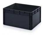 Preview: The image shows a black, rectangular plastic box. It has high walls and a box-shaped structure, without a lid. The corners are slightly rounded and the surface is smooth.