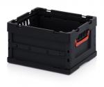 Preview: The black plastic container has open sides with air holes and a red handle opening on one side. It is sturdy and has a rectangular shape, suitable for storage or transport.