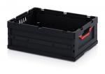 Preview: The image shows a rectangular, black plastic box with open sides and a red handle opening on the long side. The box is sturdy and is used for storage or transport.