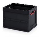 Preview: The image shows a rectangular, black plastic box without a lid. Red handles are attached to the shorter sides. The walls are sturdy and slightly textured.