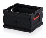 Preview: The image shows a black plastic box with open sides and a red-orange handle. The box has a diamond-shaped pattern on the sides and is stackable.