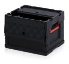 Preview: The image shows a black plastic box. It has an open top, a red handle, and a textured side with diamonds. The box is sturdy and easily portable.