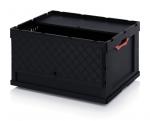 Preview: The picture shows a black plastic box with an open lid. The sides have a diamond-shaped pattern, and one side has a red handle. It is sturdy and easily stackable.