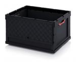 Preview: It is a black plastic box with an open, rectangular design. The sides are adorned with a diamond-shaped pattern, one side features red handles. There are ventilated openings on both sides.