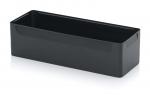 Preview: It is a rectangular container made of black plastic. It has a smooth surface, is open, and has practical handles on the sides. The edges are straight.