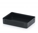 Preview: The image shows a rectangular, flat dish made of black plastic. It has a smooth surface and slightly raised edges, which feature small notches on two sides of the dish.