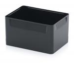 Preview: The item is a rectangular, black plastic box with two side handles. It has smooth walls and an open top, suitable for storing items.