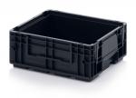 Preview: Das Bild zeigt eine schwarze, rechteckige Kunststoffbox ohne Deckel. Sie hat eine strukturierte Oberfläche mit seitlichen Griffen und ist robust, ideal zum Stapeln oder Transportieren von Gegenständen.
