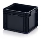 Preview: Es handelt sich um eine schwarze, quadratische Kunststoffbox ohne Deckel. Sie hat Griffe an den Seiten und ist robust, ideal zum Aufbewahren oder Transportieren von Gegenständen.