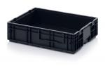 Preview: Das Bild zeigt eine rechteckige, schwarze Kunststoffbox ohne Deckel. Sie hat glatte Wände und ist stabil, mit kleinen Rillen für zusätzlichen Halt. Ideal zum Verstauen von Gegenständen.